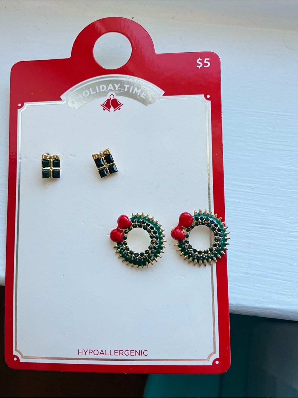 Holiday Gold-Tone Green & Red Wreath Stud Earrings - 2 Pair Set